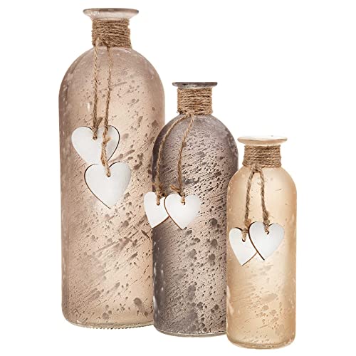SIDCO Blumenvase 3 x Flaschenvase mit Herzen Vase satinieres Glas Dekovase rosa Töne von SIDCO