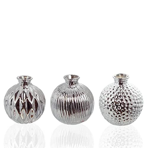 SIDCO Vase 3 x Kugelvase Silber Look Porzellan Blumenvase Dekovase Tischdeko metallic von SIDCO