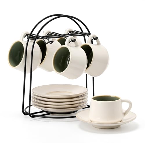 SIDUCAL Espresso-Tassen-Set, stapelbar, Keramik, Cappuccino-Tassen mit Untertassen und Becherhalter, mikrowellen-/spülmaschinenfest, 118 ml, Grün von SIDUCAL