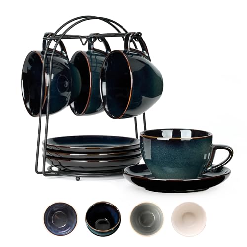 SIDUCAL Espressotassen, Porzellan-Kaffeetassen mit Untertassen und Halter, Latte-Art-Tassen, mikrowellen-/spülmaschinenfest, Espresso-Demitasse-Tassen, 4 Stück, Blau und Grün von SIDUCAL