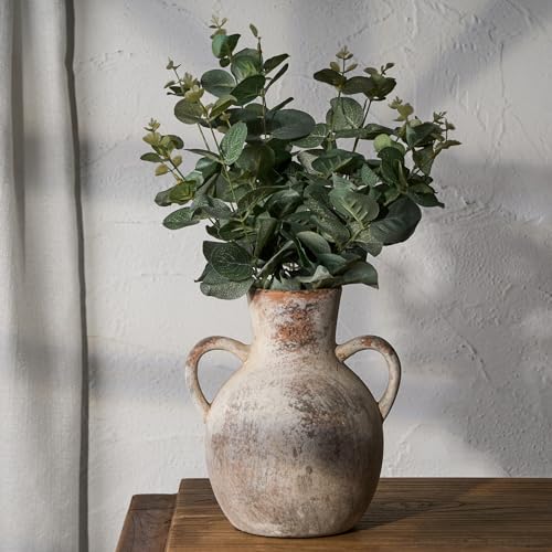 SIDUCAL Rustikale Keramik-Blumenvase mit 2 Griffen, weiß gekalkte Terrakotta-Vase, dekorative Keramik-Blumenvase für Heimdekoration, Tisch, Wohnzimmer, Regaldekoration, 18 cm, Terra von SIDUCAL
