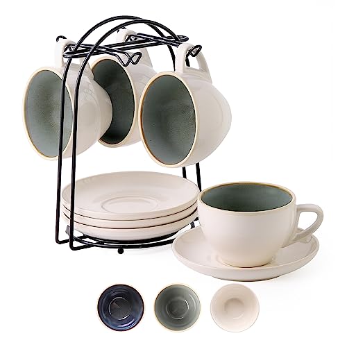 SIDUCAL Stapelbare Cappuccino-Tassen, 4er-Set, Keramik-Kaffeetassen mit Untertassen und Becherhalter, mikrowellen-/spülmaschinenfest, Espresso-Demitasse-Tassen (grün) von SIDUCAL