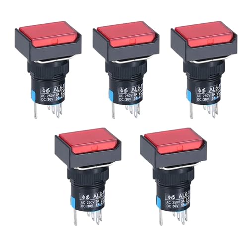 5er-Pack 16 mm rechteckiger Netzschalter mit Licht LA16-J-11D 5-polig LA16-J-11S(Red,12V_RESET_1NO1NC) von SIDYEUHB
