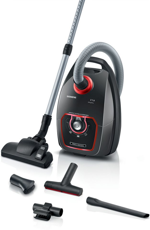 SIEMENS Bodenstaubsauger Z7.0 VSZ7XTRM, ideal für Allergiker, Hygiene-Filter, Made in Germany, 750 W, mit Beutel, für Parkett, Teppich, Fliesen, XXL-Polsterdüse, XXL-Fugendüse, leise von SIEMENS