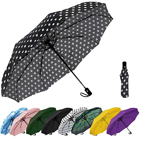SIEPASA Winddichter Reise-Regenschirm, automatischer Regenschirm für Regen, kompakter faltbarer Regenschirm, Reise-Regenschirm, kompakter Regenschirm, Schwarz mit Punkten von SIEPASA