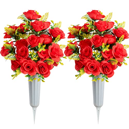 2 Stücke Künstlicher Gedenkfriedhof Blumen Rose Blumen Blumenstrauß mit Vase für Friedhof Grabsteine Dekoration (Red) von SIFOEL