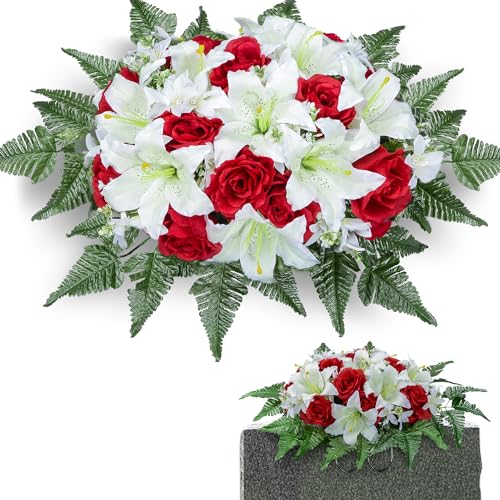 Künstliche Grabstein Blumen Sättel für Gräber, Friedhof Gedenk Blumen für Grab Grabstein Dekorationen, Lilie Rose gemischt Sattel Blumen (weiße Lilie, 1 Sattel) von SIFOEL