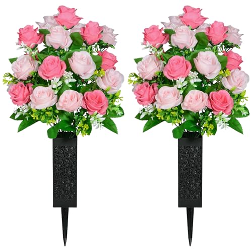 SIFOEL 2 Stück Künstliche Friedhofsblumen mit Vase, Künstliche Rose Grabdenkmal Blumen für Friedhof Grabsteine Dekoration (Pink) von SIFOEL