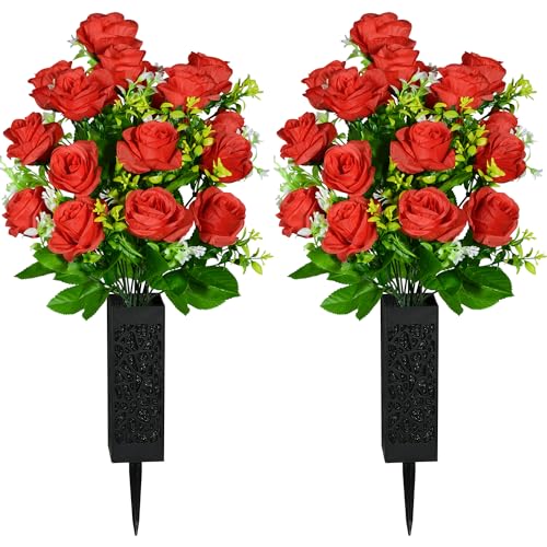 SIFOEL 2 Stück Künstliche Friedhofsblumen mit Vase, Künstliche Rose Grabdenkmal Blumen für Friedhof Grabsteine Dekoration (Red) von SIFOEL