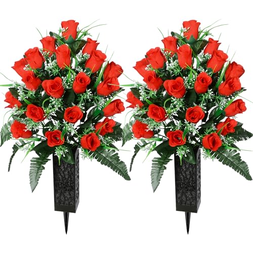 SIFOEL 2 Stück Künstliche Friedhofsblumen mit Vase, Künstliche Rose Grabdenkmal Blumen für Friedhof Grabsteine Dekoration (Red-24T) von SIFOEL