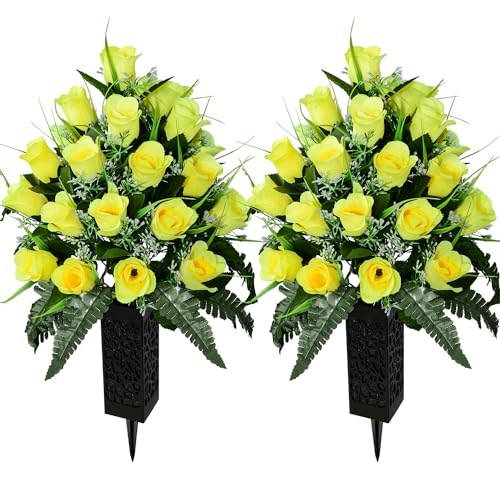 SIFOEL 2 Stück Künstliche Friedhofsblumen mit Vase, Künstliche Rose Grabdenkmal Blumen für Friedhof Grabsteine Dekoration (Yellow-24T) von SIFOEL