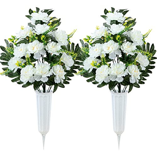 SIFOEL Künstliche Friedhof Gedenkblumen, 2-teilige künstliche Pfingstrose Blumen mit Vase für Friedhof Friedhof Friedhof Friedhof Friedhof Friedhof Friedhof Dekoration (White) von SIFOEL