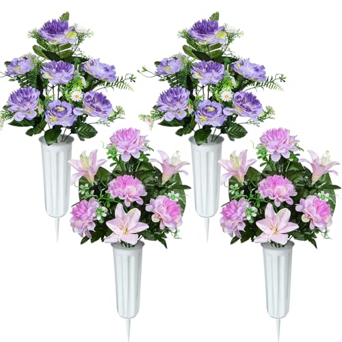 SIFOEL Künstliche Friedhofsblumen, Satz von 4 künstlichen Grabdenkmal Blumen mit Vase für Friedhof Grabstätte Friedhof im Freien Dekoration (Lila) von SIFOEL
