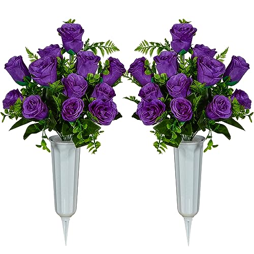 SIFOEL Künstliche Grabdenkmal Blumen Friedhof Blumen Rosenstrauß mit Vase für Friedhof Grabsteine Dekoration, rosa, Satz von 2 (Purple) von SIFOEL