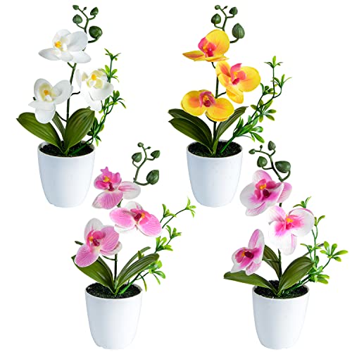 4 Stücke künstliche Orchideenblumen Mini Topf Orchideenblumen gefälschte Orchideen mit Plastikvase für Home Table Office Dekoration (weiß, gelb, rosa, Hellrosa) von SIFOEL