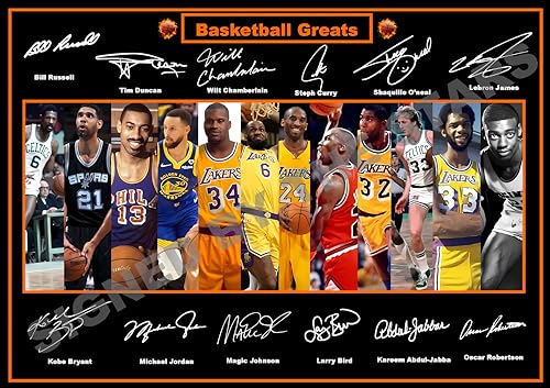 SIGNED BY THE STARS Hochwertiger Kunstdruck "All Time Basketball Greats", mit Autogramm von Boxing Kobe Bryant, Michael Jordan etc. (A4-Druck, 29,7 x 21 cm) von SIGNED BY THE STARS