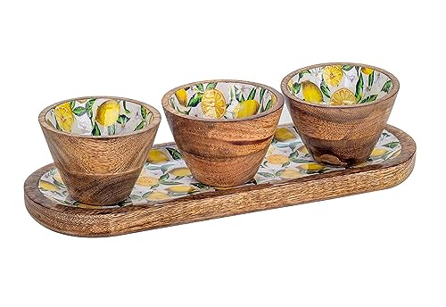 SIGNES GRIMALT Ovales Aperitif-Tablett und 3 Schalen aus Mangoholz, Zitronen-Motiv, Länge 38 cm von SIGNES GRIMALT