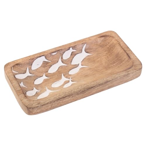 Tablett, Bank mit weißen Fischen und Mangoholz, Kollektion Martigues, 30 cm von SIGNES GRIMALT