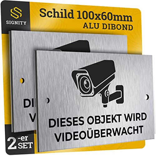 2-er SIGNITY Alu Schild Videoüberwachung (100 x 60mm klein) - Warnschild Kamera Überwachung - ideal zur Kamera Attrappe - Aluminium - Achtung, für Privatgrundstück von SIGNITY