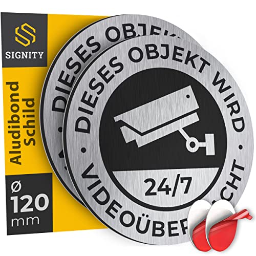 2-er SIGNITY Alu Schild Videoüberwachung (fi 120mm klein) - Alu Warnschild Kamera Überwachung - ideal zur Kamera Attrappe - Aluminium Schild - Achtung Videoüberwachung für Privatgrundstück von SIGNITY