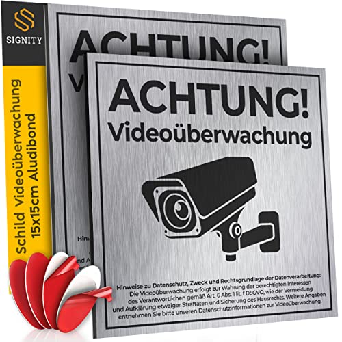 2-er SIGNITY Schild Videoüberwachung (15x15 cm klein) inkl. DSGVO Hinweis - Warnschild Kamera Überwachung - ideal zur Kamera Attrappe - Aluminium Schild - Achtung Videoüberwachung für Privatgrundstück von SIGNITY