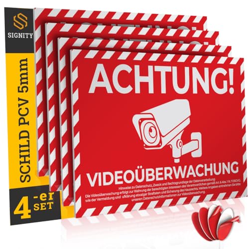 4-er Achtung Videoüberwachung Schild - 5mm stark - 30x20cm - aus stabiler PVC dieser Bereich wird überwacht Schild mit UV-Schutz von SIGNITY von SIGNITY