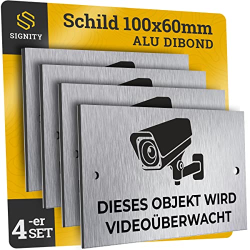 4-er SIGNITY Alu Schild Videoüberwachung (100 x 60mm klein) - Alu Warnschild Kamera Überwachung - ideal zur Kamera Attrappe - Aluminium Schild - Achtung Videoüberwachung für Privatgrundstück von SIGNITY