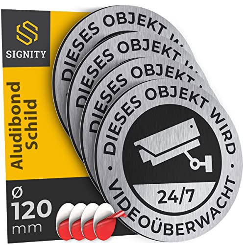 4-er SIGNITY Alu Schild Videoüberwachung (fi 120mm klein) - Alu Warnschild Kamera Überwachung - ideal zur Kamera Attrappe - Aluminium Schild - Achtung Videoüberwachung für Privatgrundstück von SIGNITY