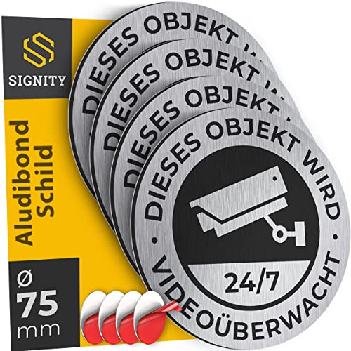 4-er SIGNITY Alu Schild Videoüberwachung (fi 75mm klein) - Alu Warnschild Kamera Überwachung - ideal zur Kamera Attrappe - Aluminium Schild - Achtung Videoüberwachung für Privatgrundstück von SIGNITY