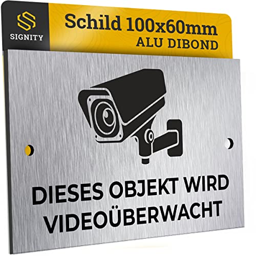 SIGNITY Alu Schild Videoüberwachung (100 x 60mm klein) - Alu Warnschild Kamera Überwachung - ideal zur Kamera Attrappe - Aluminium Schild - Achtung Videoüberwachung für Privatgrundstück von SIGNITY