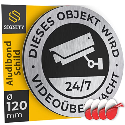 SIGNITY Alu Schild Videoüberwachung (fi 120mm klein) - Warnschild Kamera Überwachung - ideal zur Kamera Attrappe - Aluminium Schild - Achtung Videoüberwachung für Privatgrundstück von SIGNITY