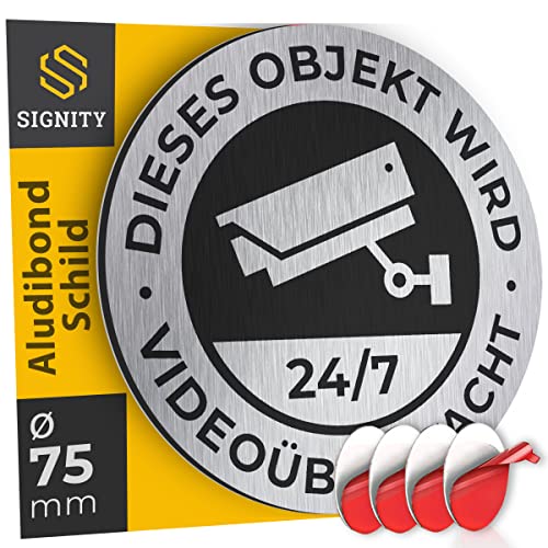 SIGNITY Alu Schild Videoüberwachung (fi 75mm klein) - Warnschild Kamera Überwachung - ideal zur Kamera Attrappe - Aluminium Schild - Achtung Videoüberwachung für Privatgrundstück von SIGNITY