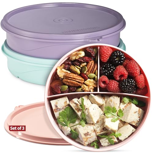 Snackbehälter 3er-Pack – 3 Fächer runde Snackbehälter für Kinder und Erwachsene – stapelbare Frischhaltedosen mit Deckel – BPA-frei, spülmaschinenfeste Snackboxen für Kinder, Einzelportion von SIGNORA WARE