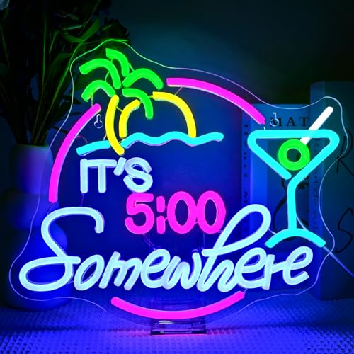 SIGNSHIP Anywhere at 5 o'clock Neon Schild, Palme Led Schild Drink Led Sign, Bier Bar Neon Licht USB Dimmbar Neonschild Geeignet für Barwagen,Strandrestaurant,Bier,Café,Taverne,Club,Party von SIGNSHIP
