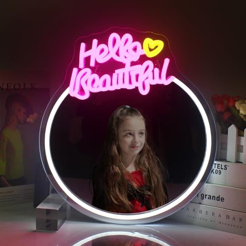 SIGNSHIP Hello Beautiful Neon Schild, rosa Neon Spiegel Schild für Wand, LED Neon Sign, USB Powered Brief Spiegel Neon Licht Zeichen für Schlafzimmer Parteien Hochzeit Mädchen Zimmer Dekor von SIGNSHIP