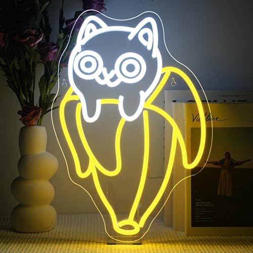 SIGNSHIP Yellow Banana Katze Neon Schild, Katze Led Schild Dimmbar für Wanddekoration, Neon Sign Zeichen Licht Led Sign Wand Dekor für Schlafzimmer,Kinderspielplatz,Tierhandlung,Katzenhaus Dekoration von SIGNSHIP