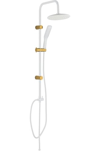 SIGO Alanis Duschsäule ohne Batterie, Duschset, Duschkopf mit Schlauch, Duschsystem, Regenduschset mit Kopfbrausen Rund, Regendusche, Duschstange und Duscharmatur, Armaturen, Handbrause (Weiß/Gold) von SIGO