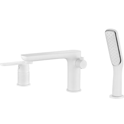 SIGO Dima 3-Loch-Wannenbatterie, Badewannenbatterie, Wannenbatterie-Set, Armatur + Brauseschlauch mit Handbrause, Einhebelmischer, Einhandmischer, Badarmatur Armatur für die Badewanne (Weiß) von SIGO