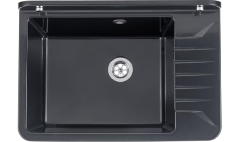 SIGO Haushaltswaschbecken 50,5 cm Schwarz Wandmontage – inkl. Armatur mit ausziehbarer Brause & Seifenspender, Polystyrol Becken, frost- & UV-beständig, für Innen & Außen von SIGO