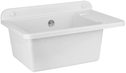 SIGO Haushaltswaschbecken 50,5 cm Weiß Wandmontage – inkl. Armatur mit ausziehbarer Brause & Seifenspender, Polystyrol Becken, frost- & UV-beständig, für Innen & Außen von SIGO