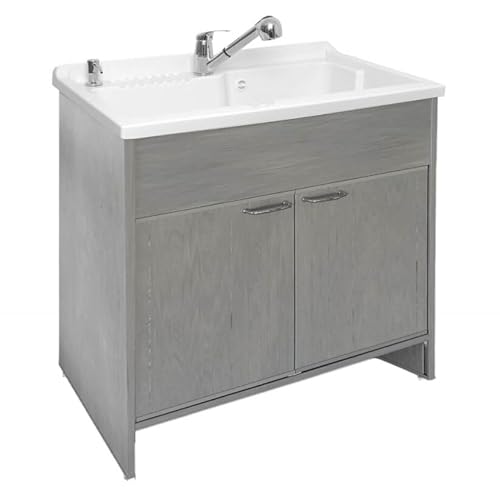 SIGO Haushaltswaschbecken mit Schrank 80x50 cm – inkl. Armatur mit ausziehbarer Brause & Seifenspender, PVC Unterschrank, säurebeständig, für Innen & Außen, Garage, Waschküche von SIGO