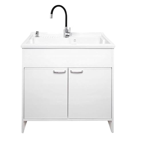 SIGO Haushaltswaschbecken mit Schrank 80x50 cm – inkl. flexibler Edelstahl-Armatur (360° drehbar) & Seifenspender, PVC Unterschrank, säurebeständig, für Innen & Außen von SIGO