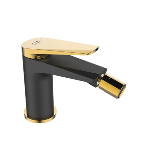 SIGO Rubio Bidetmischer, Stehend, Einhebelmischer, Wasserhahn mit Stöpsel, Bidetbatterie, Badarmatur, Einhand, Badarmaturen - Einhand, Bidet Armatur, Waschtischarmatur, Mischbatterie (Schwarz/Gold) von SIGO