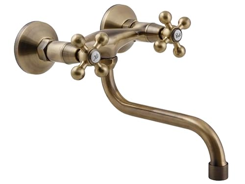 SIGO Stilo Küchenarmatur für Spüle, Wasserhahn für Spülbecken, Spültischarmatur, Armatur Küchenspüle, Zweihand-Spültischbatterie, Wand-Küchenmischer mit zwei Knopfen (Antikes Messing) von SIGO