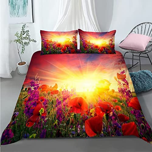 Bettwäsche 200x220 Goldener Sonnenuntergang, Winter Weiche Mikrofaser 3D Mohnblume Bettbezug Set, Bettzeug mit 2 Kissenbezug 80x80 cm, Bettwäsche Set Für Kinder Erwachsene von SIGOMA