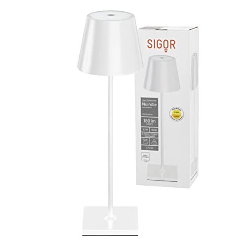 SIGOR Nuindie - Dimmbare LED Akku-Tischlampe Indoor & Outdoor, IP54 spritzwassergeschützt, Höhe 38 cm, aufladbar mit Easy Connect, 12 h Leuchtdauer, schneeweiß von SIGOR