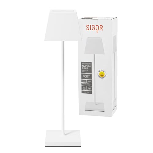 Sigor Nuindie - Dimmbare LED Akku-Tischleuchte Indoor & Outdoor mit eckigem Schirm, IP54 spritzwassergeschützt, Höhe 37 cm, aufladbar mit Easy Connect, 12 h Leuchtdauer, schneeweiß von SIGOR