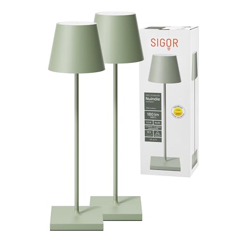 SIGOR 2 Stück Nuindie 2.0 - Dimmbare LED Akku-Tischlampe Indoor & Outdoor, IP54 spritzwassergeschützt, Höhe 38 cm, aufladbar mit USB-C, 12 h Leuchtdauer, salbeigrün von SIGOR