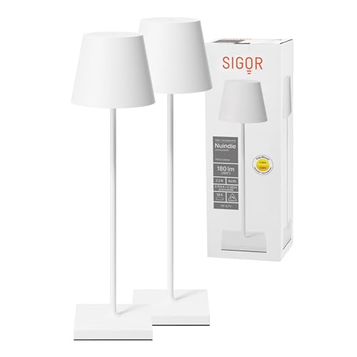 SIGOR 2 Stück Nuindie - Dimmbare LED Akku-Tischlampe Indoor & Outdoor, IP54 spritzwassergeschützt, Höhe 38 cm, aufladbar mit easy-connect, 12 h Leuchtdauer, schneeweiß von SIGOR
