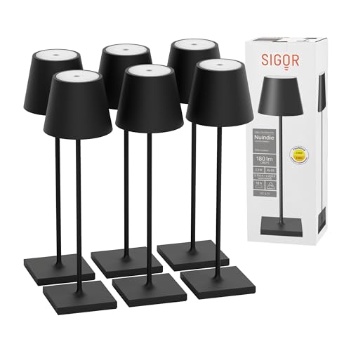 SIGOR 6 Stück Nuindie 2.0 - Dimmbare LED Akku-Tischlampe Indoor & Outdoor, IP54 spritzwassergeschützt, Höhe 38 cm, aufladbar mit USB-C, 12 h Leuchtdauer, nachtschwarz von SIGOR